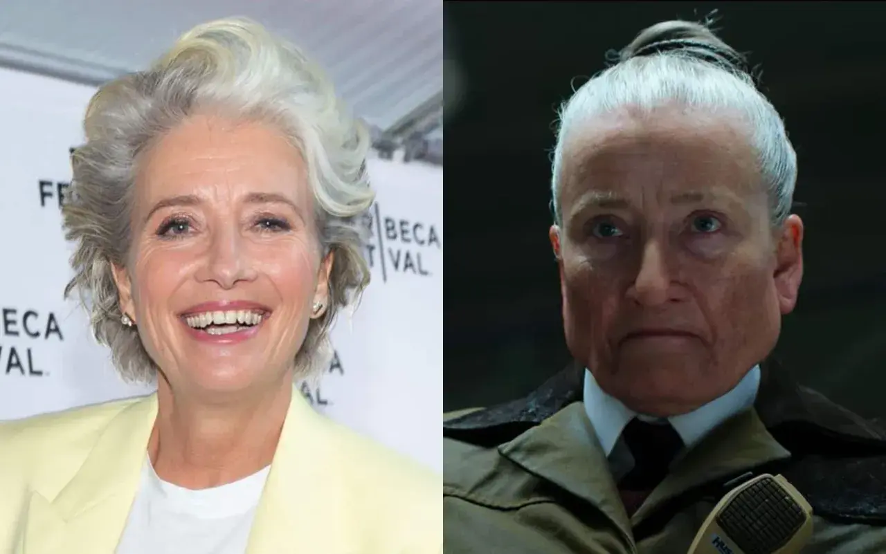 Emma Thompson sorride a sinistra, a destra è la sua interpretazione di Miss Trunchbull. Matilde sei mitica preside!