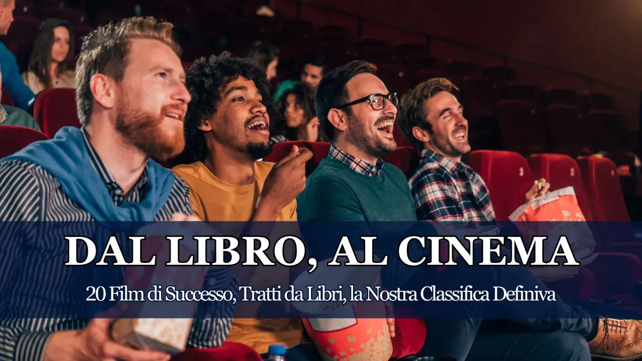 Amici al cinema ridono guardando film che hanno fatto la storia del cinema, tratti da libri.