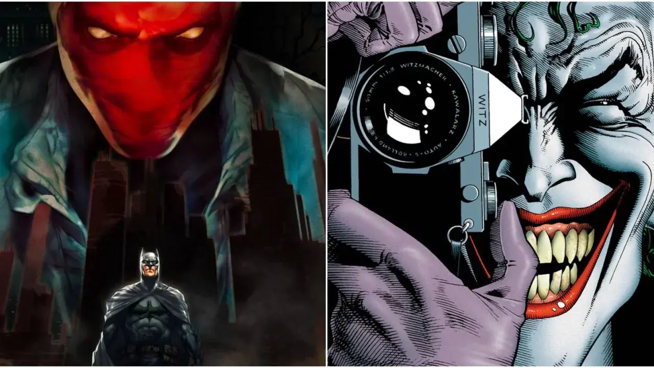 Un Batman minacciato da un Red Hood minaccioso, mentre il Joker, con la sua risata folle, cattura il momento con una macchina fotografica. La storia di Joker è piena di caos.