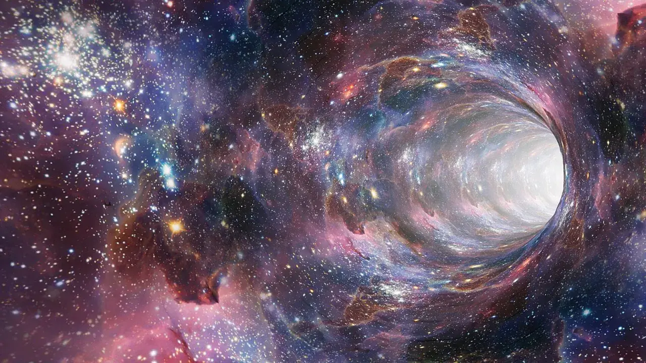 Un tunnel cosmico vorticoso, un'affascinante spiegazione scientifica dell'universo, con stelle scintillanti e nebulose colorate.