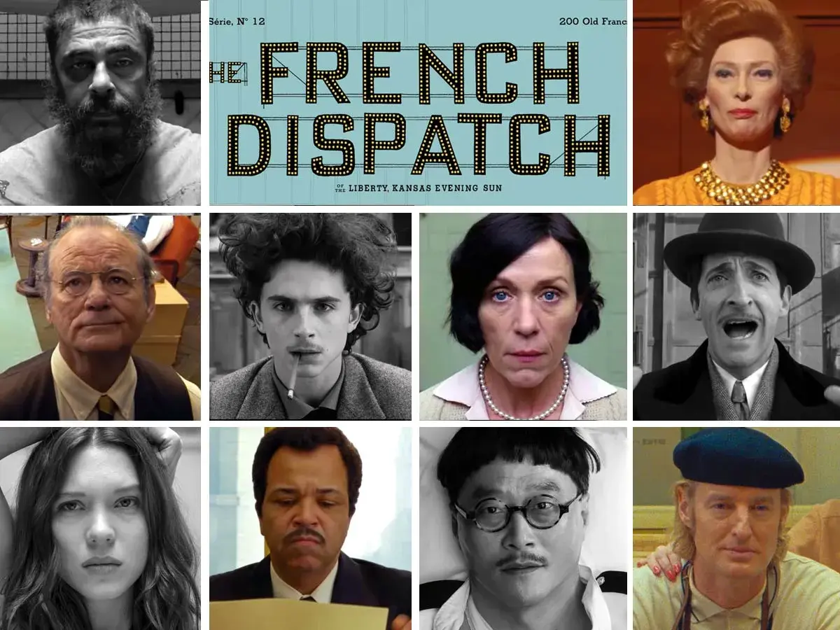 Montaggio di volti dal film "The French Dispatch", con il titolo del film in evidenza. Le recensioni lodano il cast corale.
