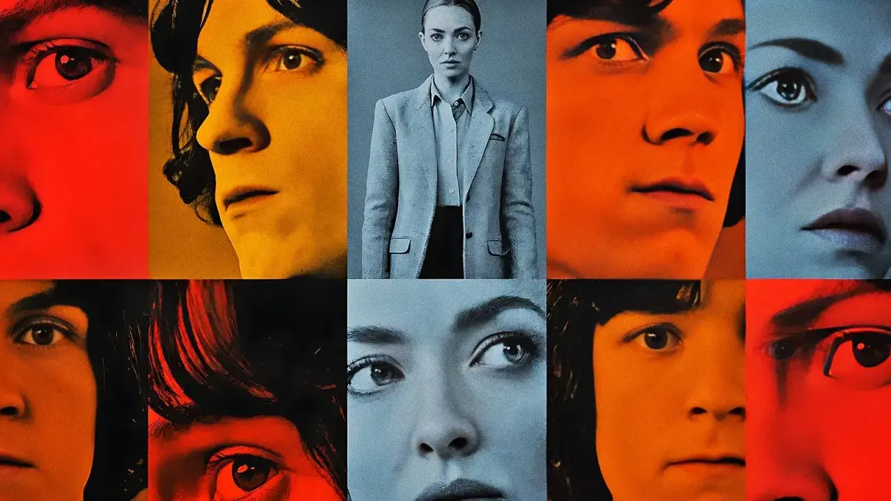 Volti ravvicinati e colorati del cast di The Crowded Room, con un ritratto centrale di una donna in blazer.