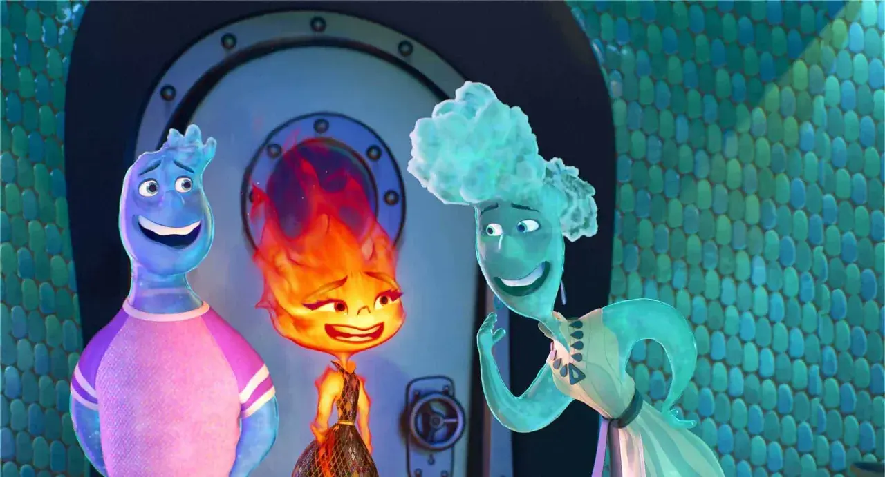 Tre personaggi animati: un uomo blu di elemental acqua, una donna di fuoco e un'altra donna di acqua.