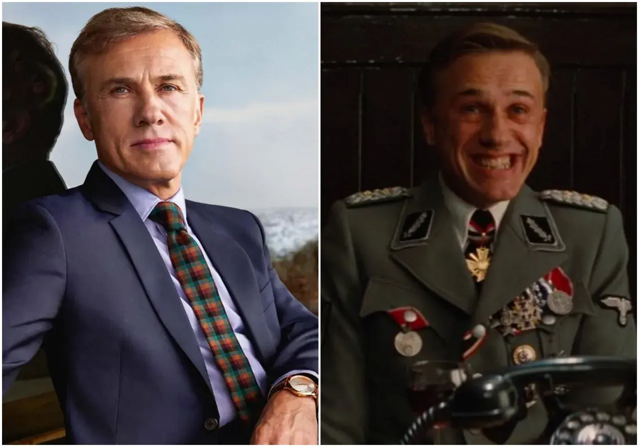 Christoph Waltz, prima in abito elegante, poi in uniforme da ufficiale nazista, un volto che ricorda la landa bastardi senza gloria.