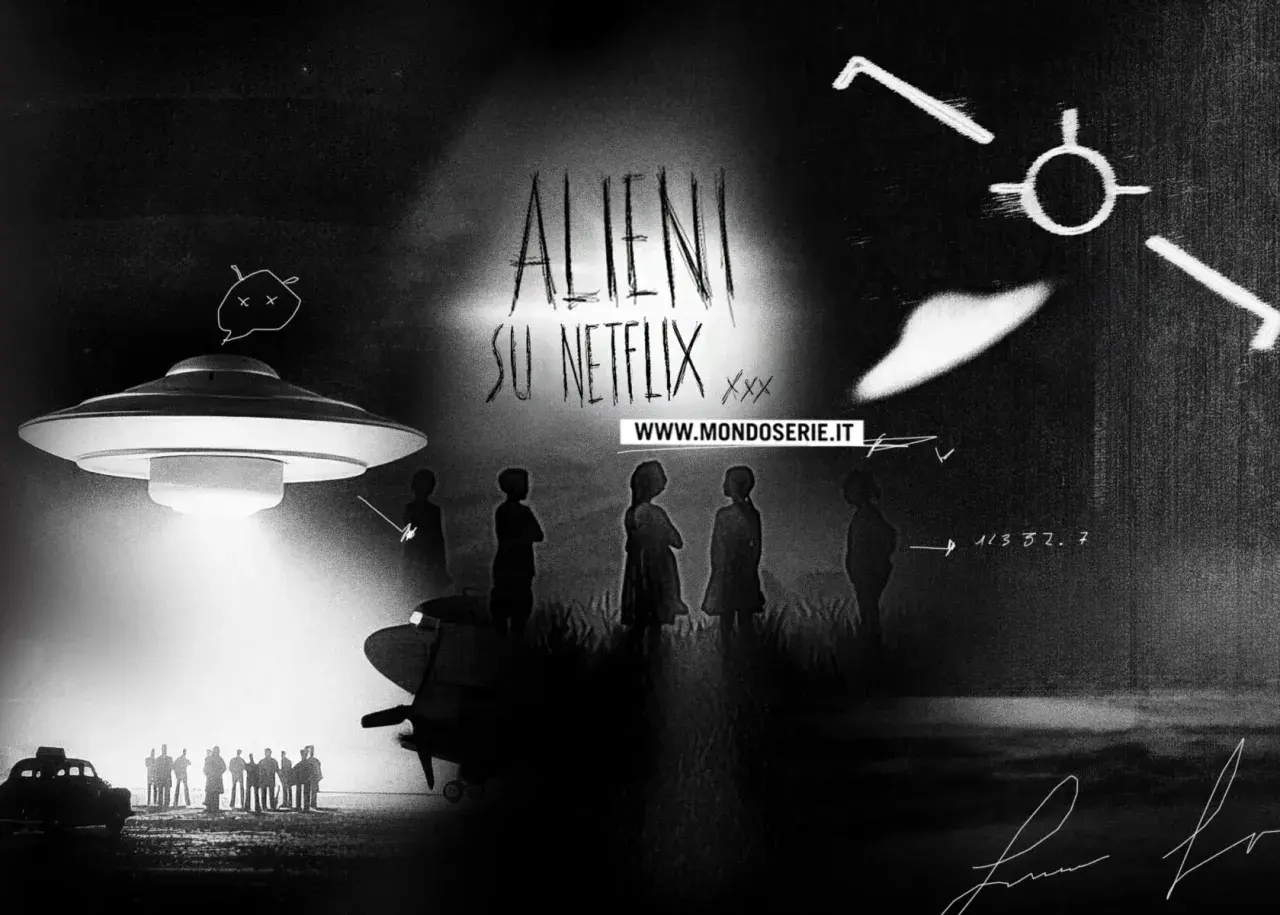 Alieni su Netflix: un'astronave proietta un fascio di luce su un gruppo di persone. La serie "i morti non muoiono" esplora il mistero.