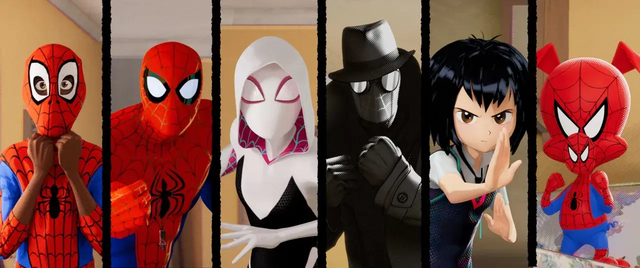 Miles Morales e altri Spider-Man nel film 1, pronti all'azione.