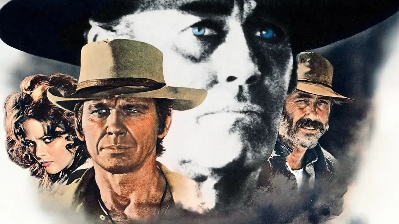 Volti iconici del West: un uomo con cappello, una donna misteriosa e un vecchio barbuto. La colonna sonora di "C'era una volta il West" evoca storie di giustizia e vendetta.