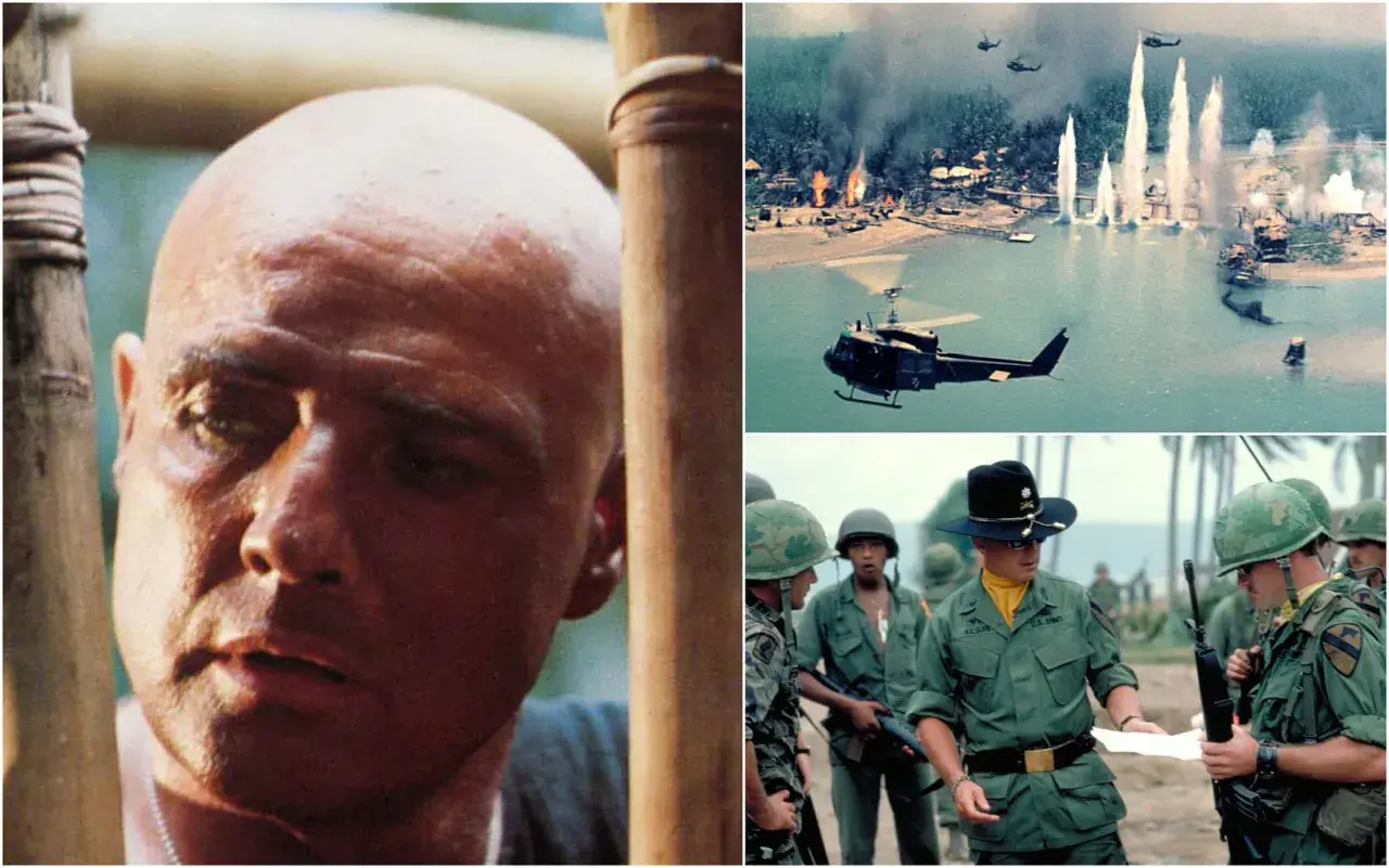 Il volto di Kurtz, elicotteri in azione e soldati in Vietnam. L'apocalypse now significato è la follia della guerra.