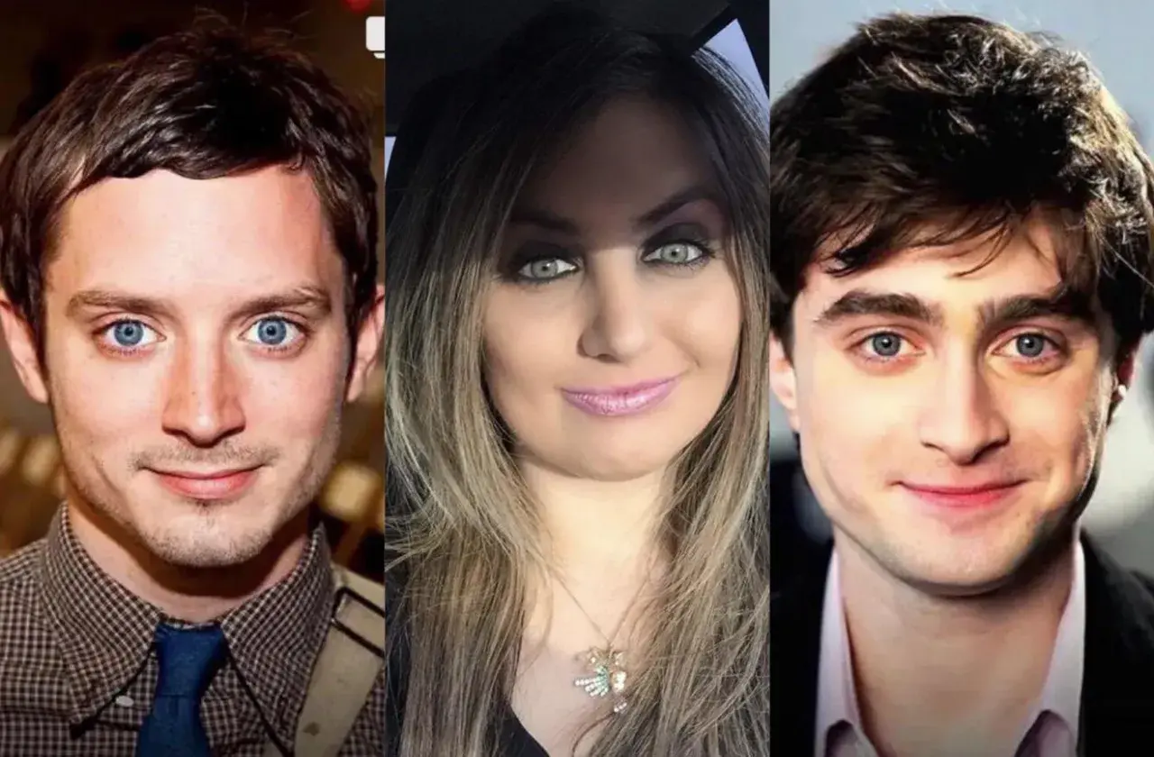 Elijah Wood e Daniel Radcliffe, affiancati da una donna, sembrano pronti per un'avventura magica.