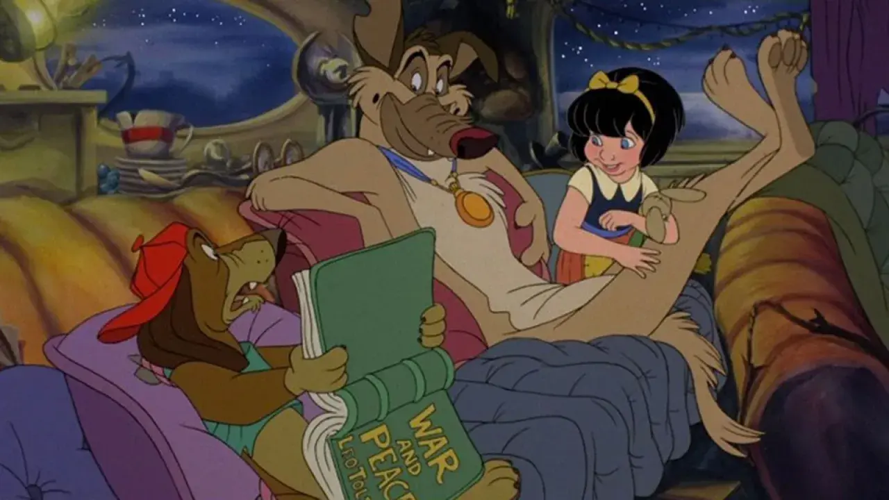Un cane legge "Guerra e Pace" a una bambina e un altro cane, una scena da un film di Don Bluth.