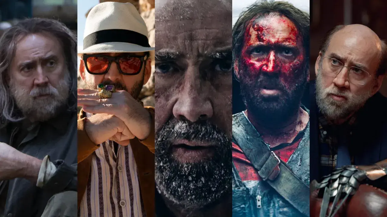 Cinque volti di Nicolas Cage oggi, in diverse espressioni e look: da quello trasandato a quello elegante, passando per scene di azione e drammatiche.