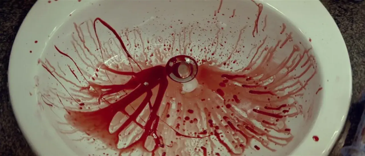 Lavandino bianco macchiato di sangue, con gocce e striature che si dirigono verso lo scarico. Una scena inquietante che potrebbe far pensare a una spiegazione per un evento traumatico, quasi un'immagine da "dogtooth".