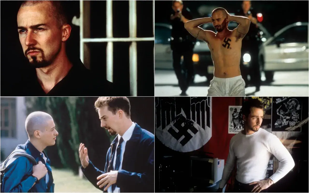 Collage di scene da American History X: Edward Norton nei panni di Derek Vinyard, un ex neonazista, mostra la sua trasformazione.
