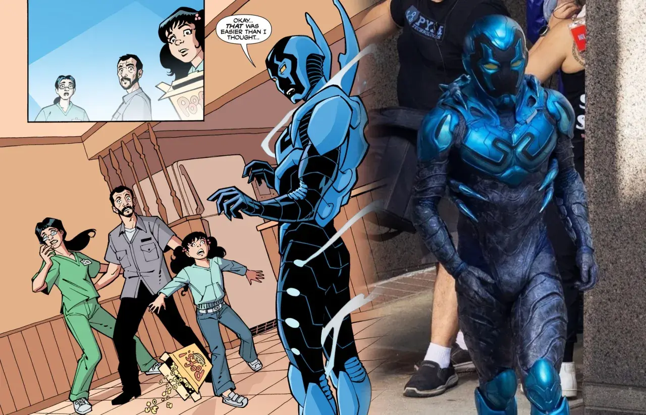 Il fumetto mostra una famiglia spaventata da Blue Beetle, mentre una foto reale rivela il costume. Le recensioni di Blue Beetle sono positive.