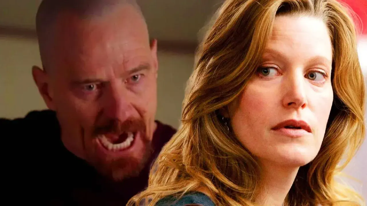 Anna Gunn, chi ha interpretato Skyler White, guarda con preoccupazione mentre Walter White mostra la sua rabbia.
