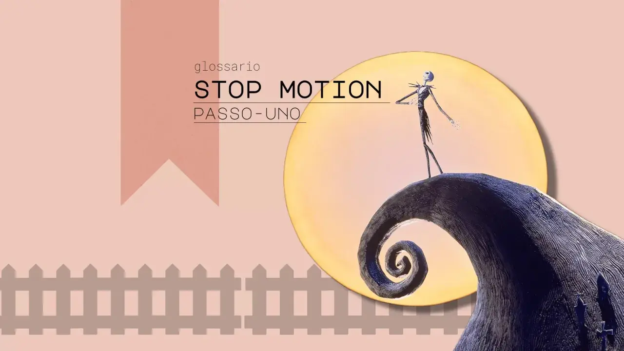 Jack Skeletron su una collina contorta, sotto una luna gialla, icona dei film stop motion.