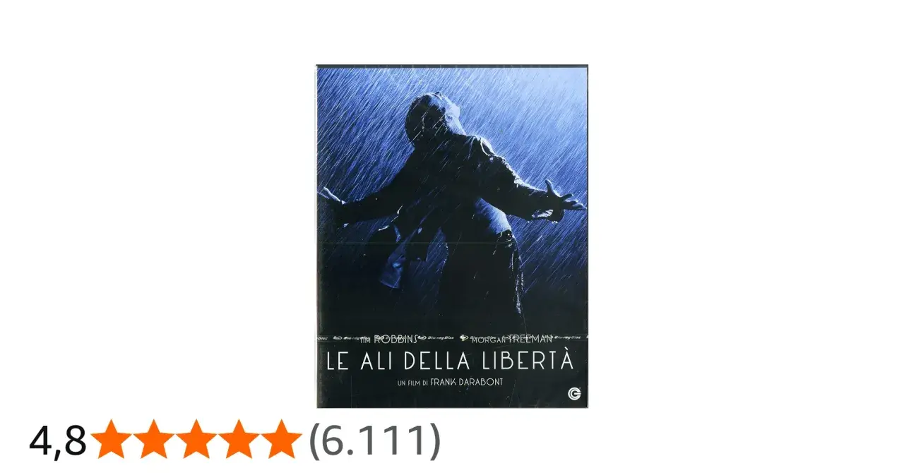 La copertina del film "Le ali della libertà" mostra un uomo sotto la pioggia, con le braccia aperte, simbolo di speranza e redenzione.