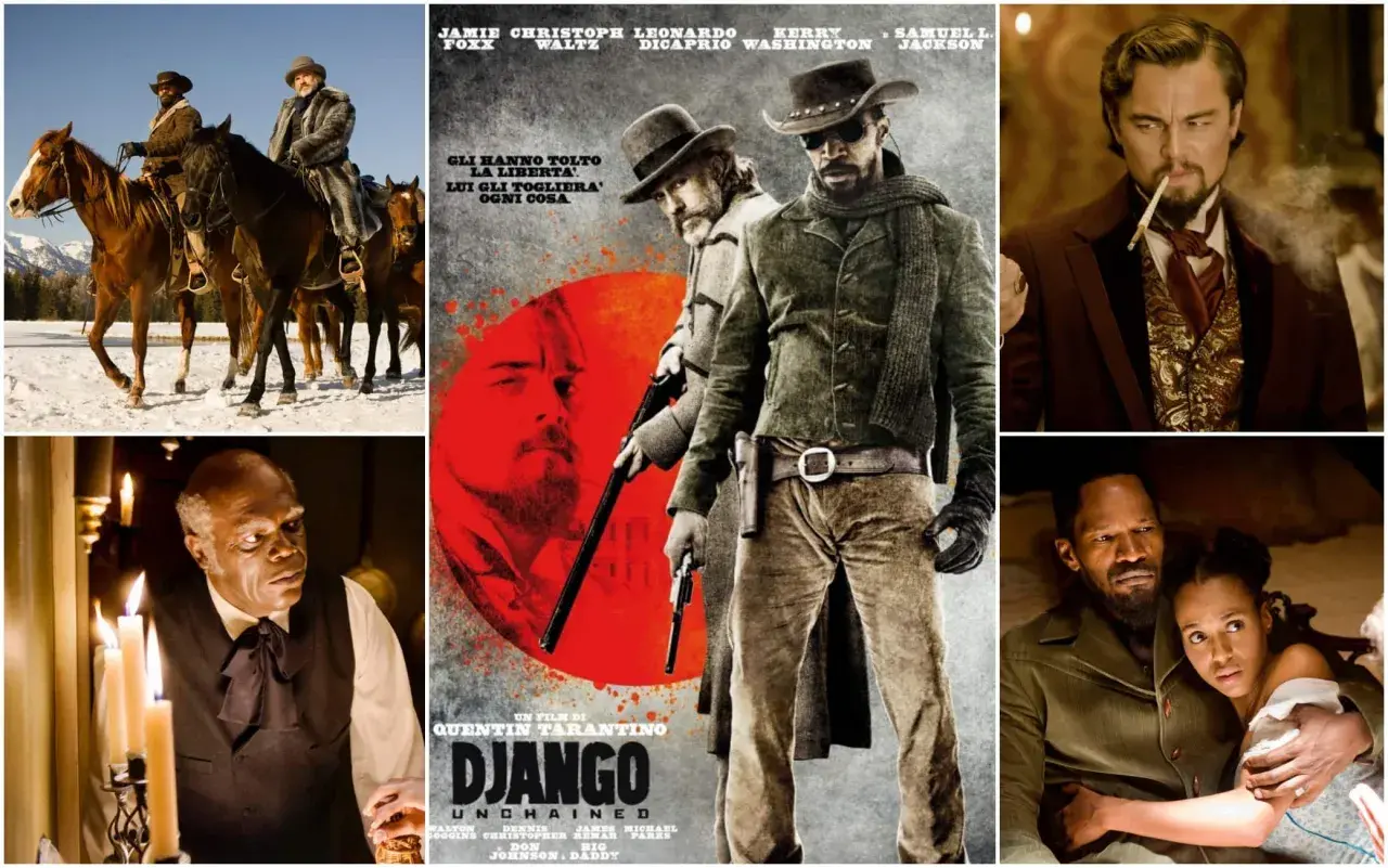 Il cast di Django Unchained: Jamie Foxx, Christoph Waltz, Leonardo DiCaprio, Kerry Washington e Samuel L. Jackson in scene iconiche.