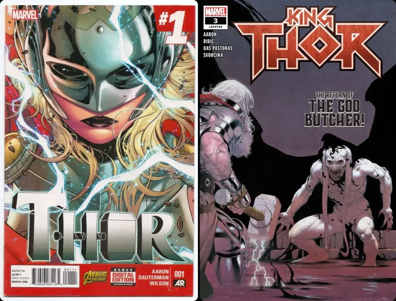 Copertine di Thor: la prima con Thor donna, la seconda con Thor e il Macellaio degli Dei. Recensioni Thor Love and Thunder.