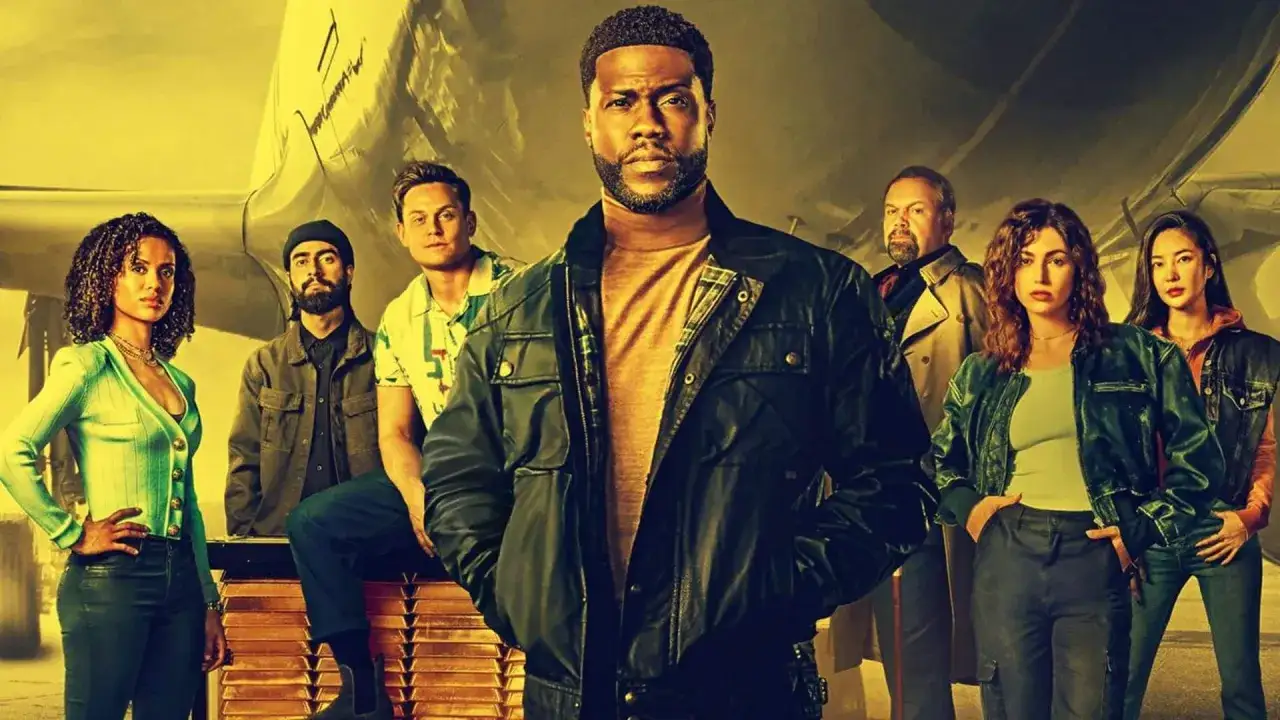 Il cast di Lift posa davanti a un aereo, con Kevin Hart in primo piano.