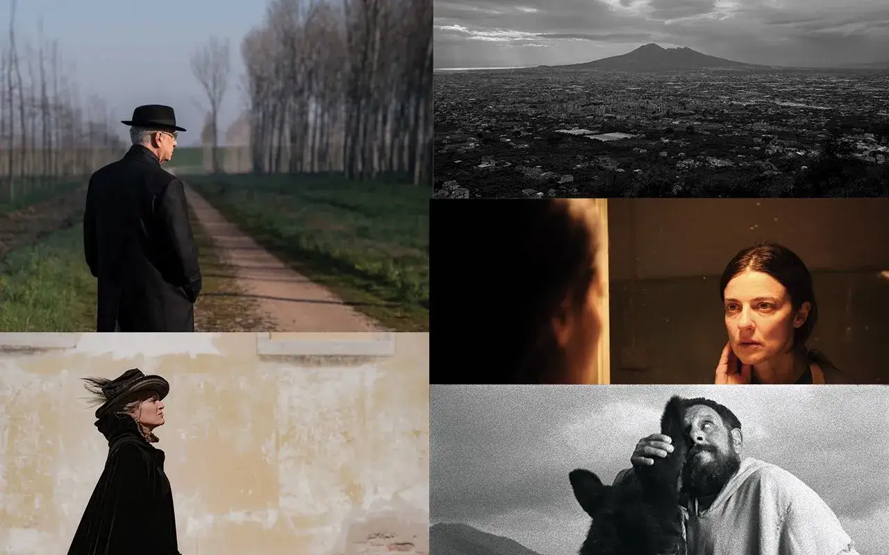 Collage di scene cinematografiche: uomo con cappello su un sentiero, Vesuvio, primo piano di un volto, donna con cappello e mantello, uomo con cane. Promuove la distribuzione cinematografica.