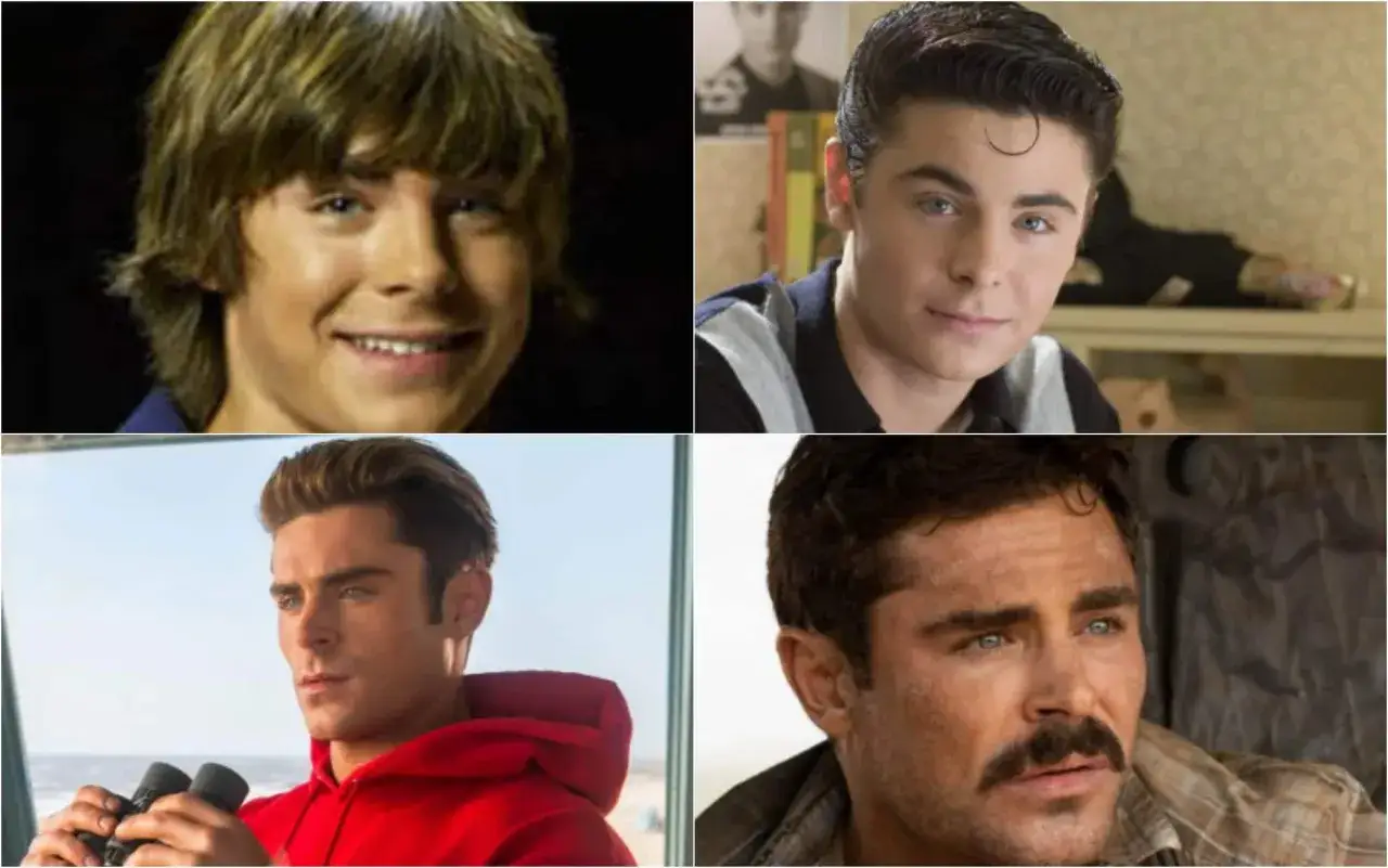 Zac Efron giovane in quattro immagini: da adolescente con capelli castani, in stile anni '50, come bagnino e con baffi.
