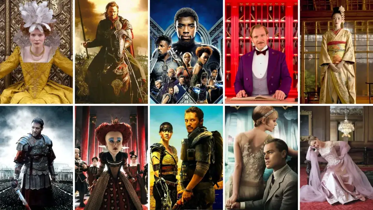 Collage di scene cinematografiche con abiti da Oscar ai migliori costumi: da regine a guerrieri, da personaggi fantasy a figure storiche.