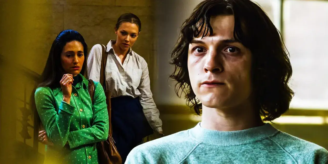 Il cast di The Crowded Room: Tom Holland, Amanda Seyfried e Emmy Rossum in un momento di tensione.