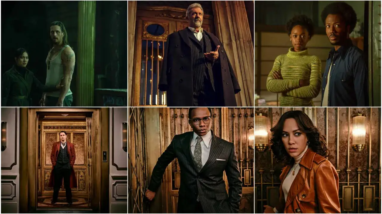 Il cast di The Continental: dal mondo di John Wick. Personaggi in pose drammatiche, tra cui un uomo con tatuaggi, un anziano elegante e una giovane coppia.