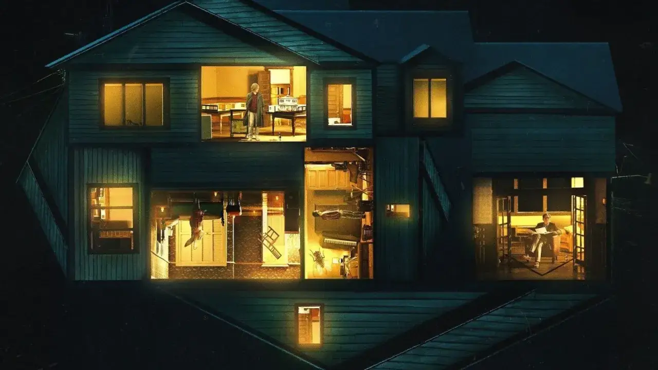 Casa a più livelli illuminata, con figure umane in diverse stanze. Una possibile hereditary spiegazione visiva.