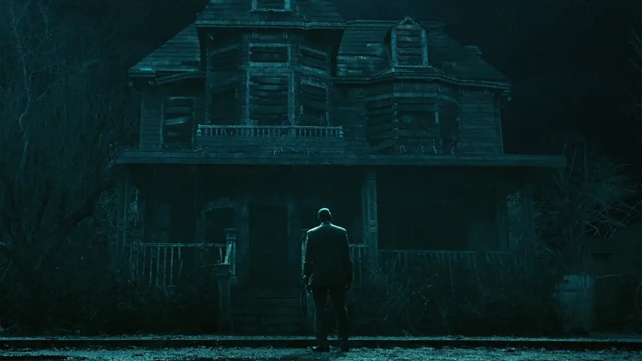 Un uomo in abito scuro osserva una casa decrepita e oscura, evocando le atmosfere de