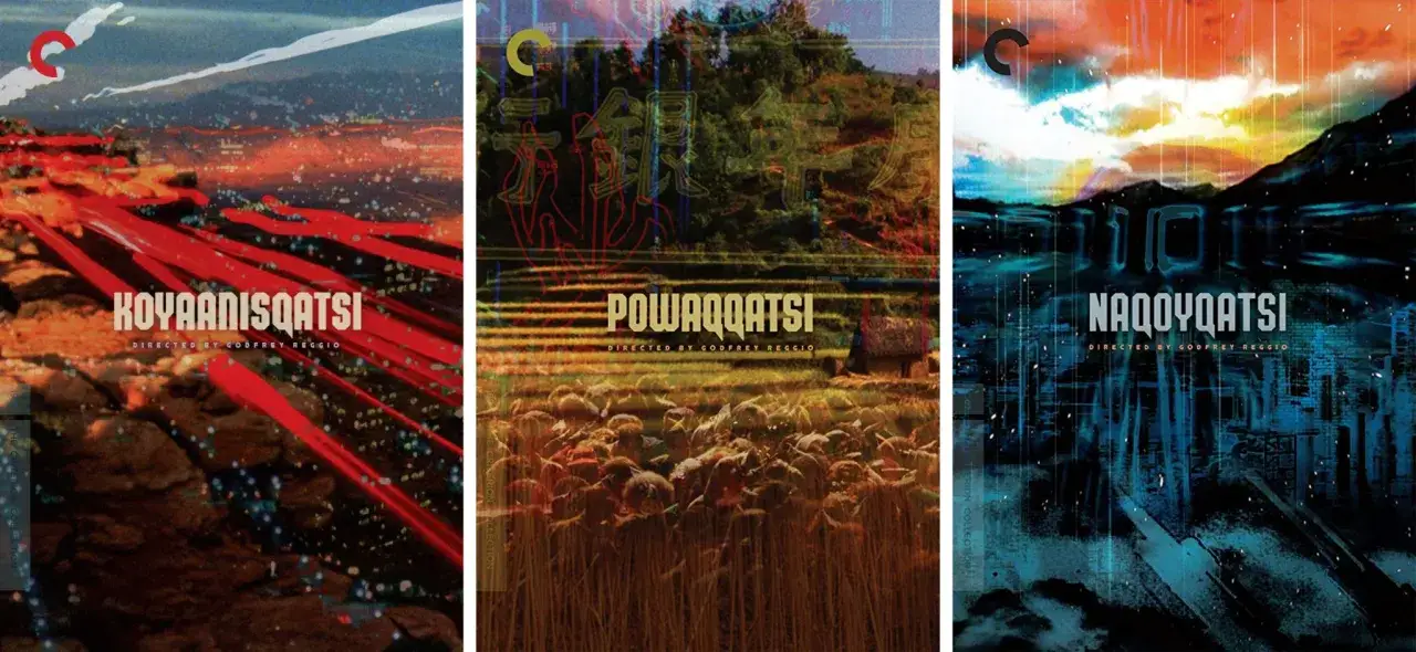 Le copertine dei film di Godfrey Reggio: Koyaanisqatsi, Powaaqatsi, Naqoyqatsi. Il significato di Koyaanisqatsi è