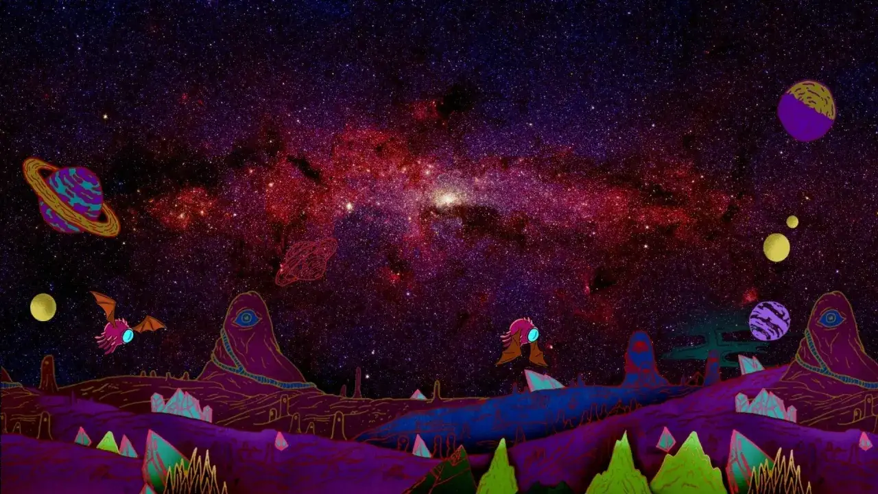 Paesaggio alieno con pianeti colorati e creature bizzarre, perfetto per le rick and morty recensioni.