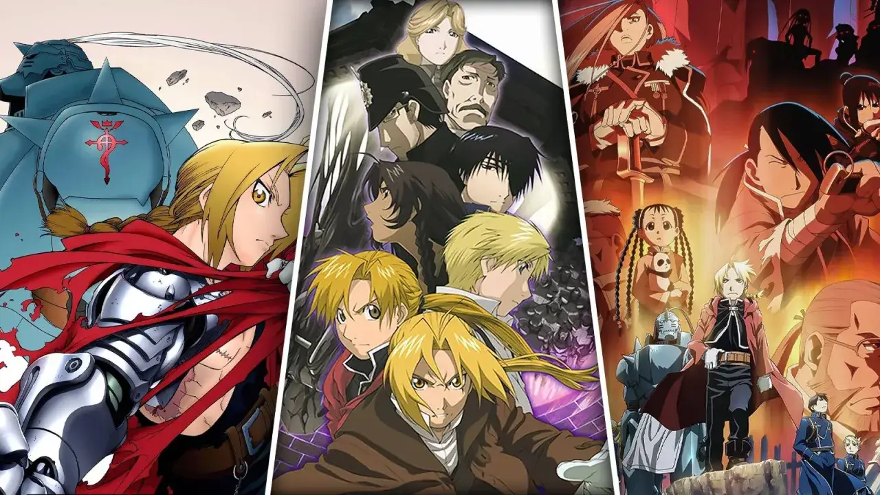 I personaggi di Fullmetal Alchemist Brotherhood in un collage che riassume la trama: Edward, Alphonse e altri in cerca della Pietra Filosofale.