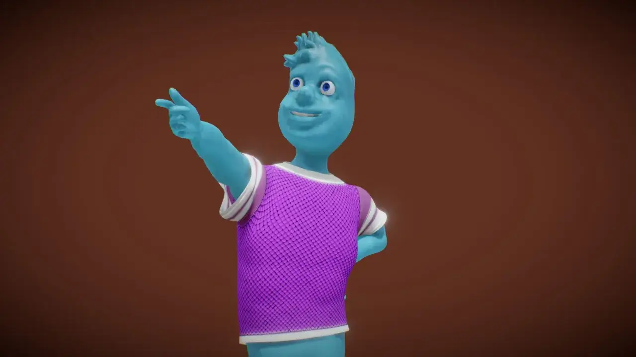 Un personaggio blu, un elemental acqua, indica con il dito, sorridendo, con una maglietta viola a rete.