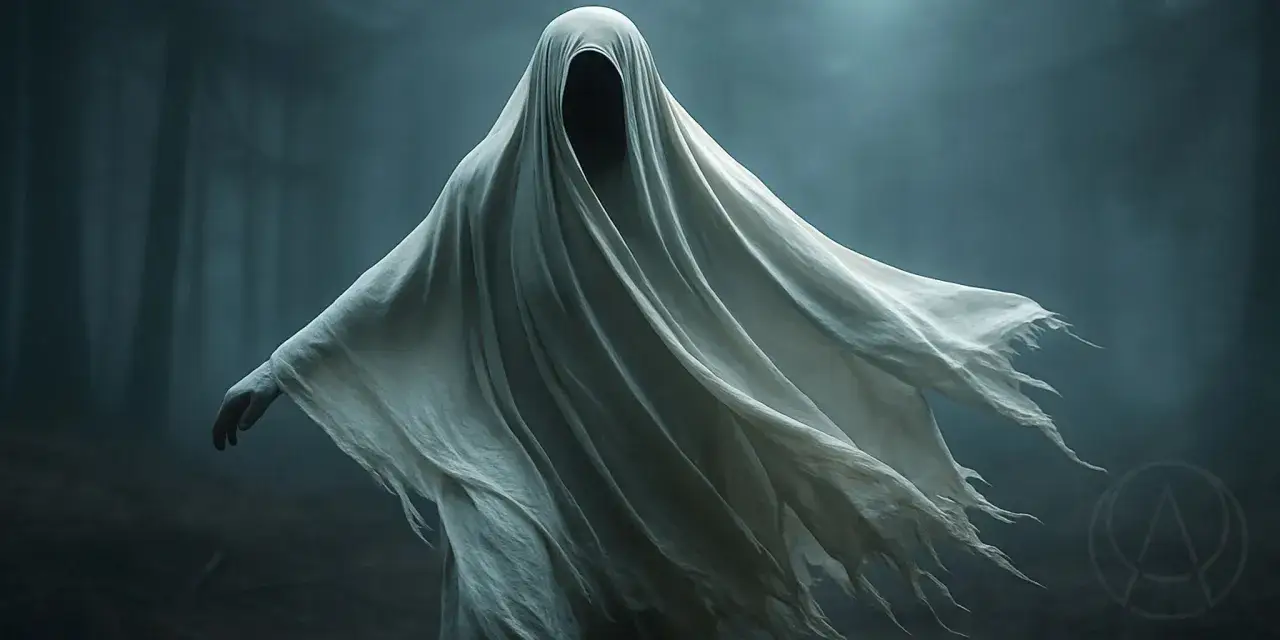 Figura spettrale avvolta in un lenzuolo bianco, con un'oscura cavità dove dovrebbe esserci il volto. Un'immagine perfetta per una ghost story spiegazione.