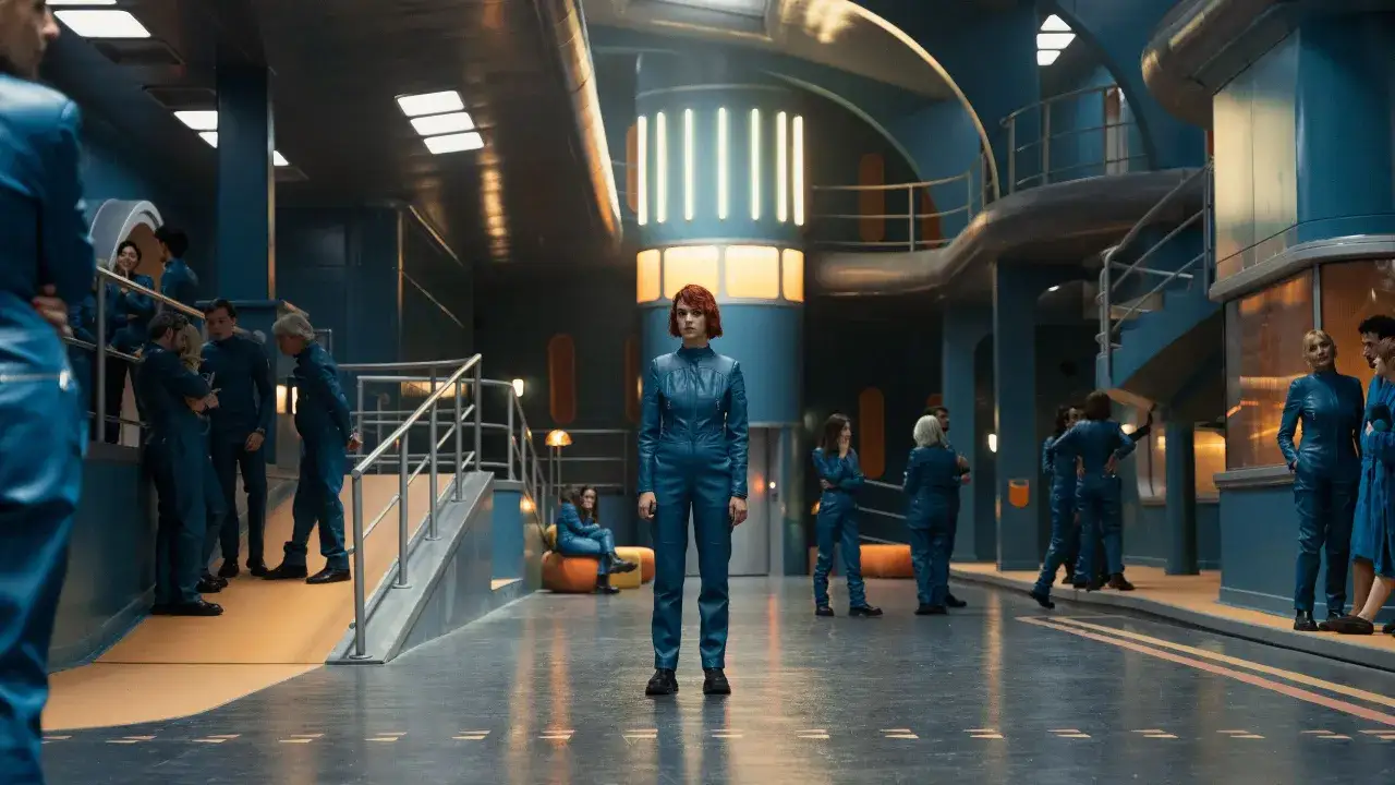 Interni futuristici con persone in tute blu. Una donna con capelli rossi al centro. Sembra un rifugio atomico, recensioni positive per l'architettura.