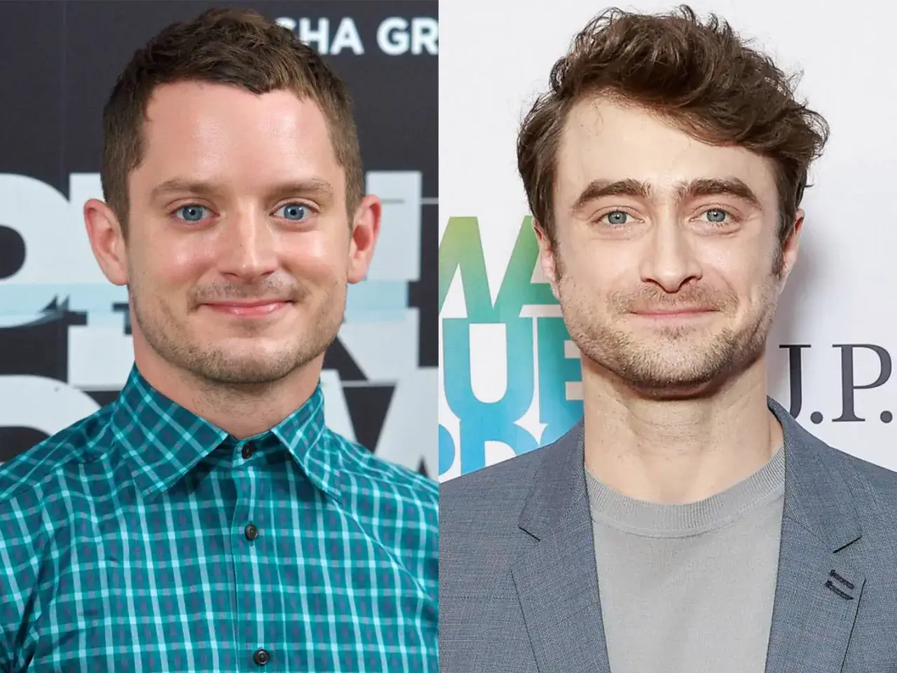 Elijah Wood e Daniel Radcliffe, due attori con sguardi simili, sorridono alla telecamera.
