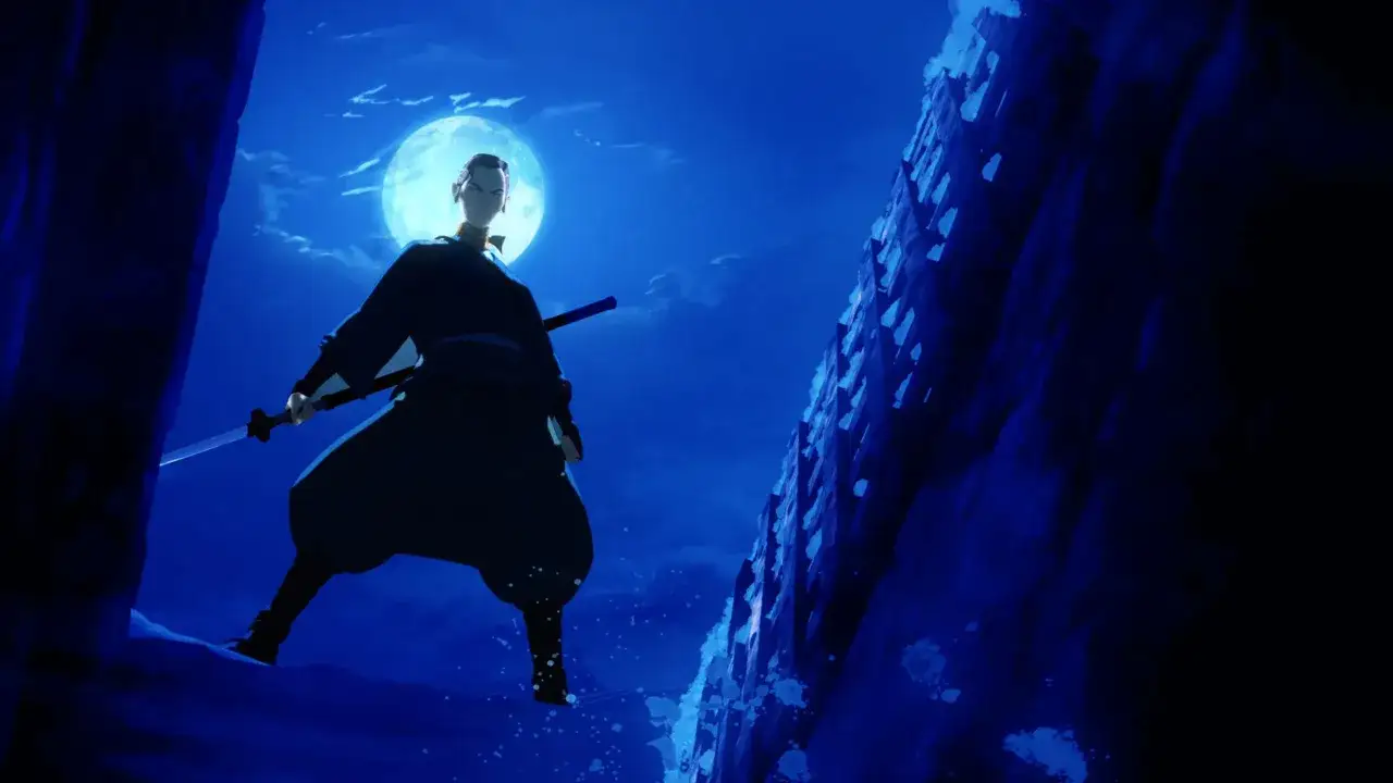Samurai con spada sotto la luna piena, in un'atmosfera che ricorda la recensione di Blue Eye Samurai.