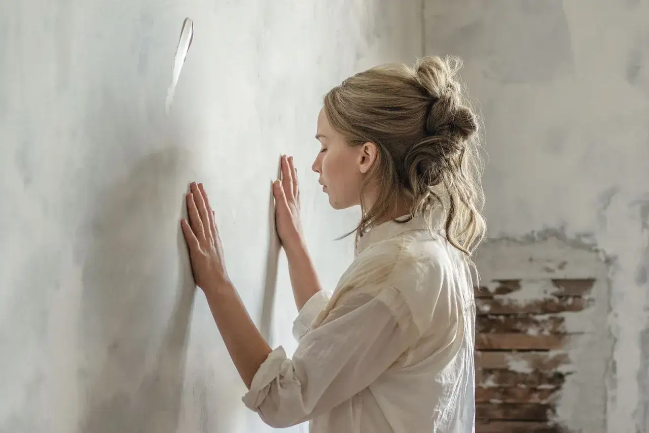 Una madre in un film, con le mani appoggiate al muro, sembra cercare una spiegazione o un conforto.