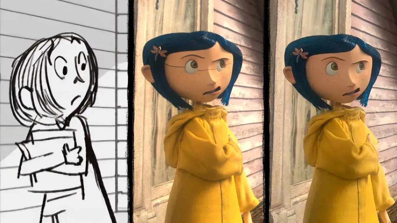 Storyboard di Coraline, la bambola di Tim Burton, in giallo brillante, con un disegno preparatorio a sinistra.