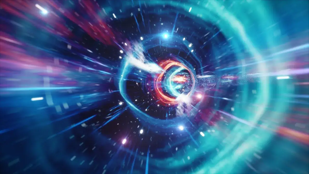 Un vortice di luce blu e rossa, un tunnel spaziotemporale che offre una dark spiegazione scientifica dell'universo.