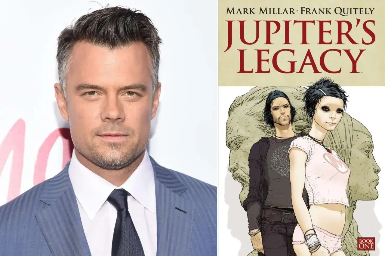 Josh Duhamel, parte del cast di Jupiter's Legacy, accanto alla copertina del fumetto.