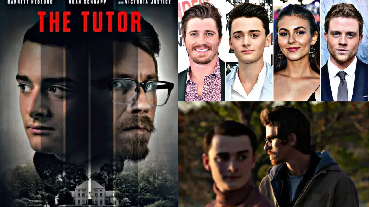 Il cast di The Tutor: Garrett Hedlund, Noah Schnapp, Victoria Justice e altri attori in un collage di immagini promozionali.