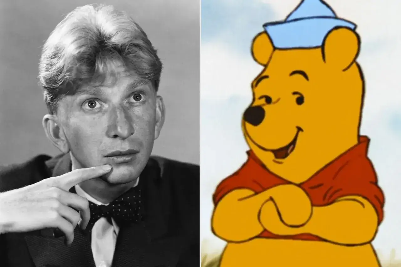 Jim Cummings, chi ha interpretato Winnie the Pooh, in un ritratto affiancato all'orsetto giallo con cappello blu.