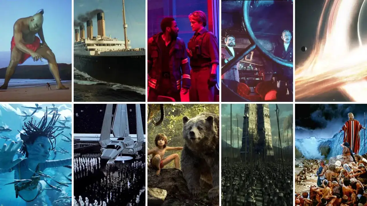 Scene da film con oscar ai migliori effetti speciali: un gigante sulla spiaggia, il Titanic, un buco nero, Avatar, Star Wars, Il libro della giungla, Il Signore degli Anelli, Mosè.