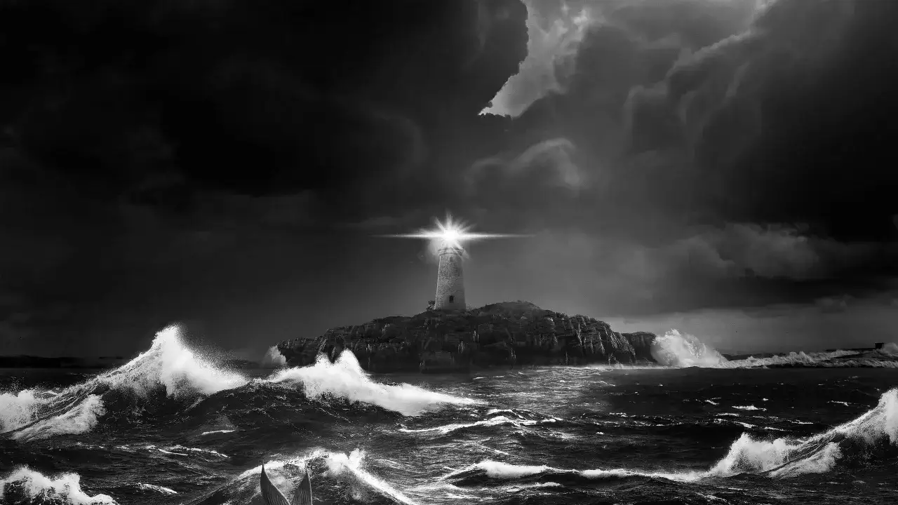 Un faro solitario illumina un mare in tempesta, un faro spiegazione di speranza contro le onde.