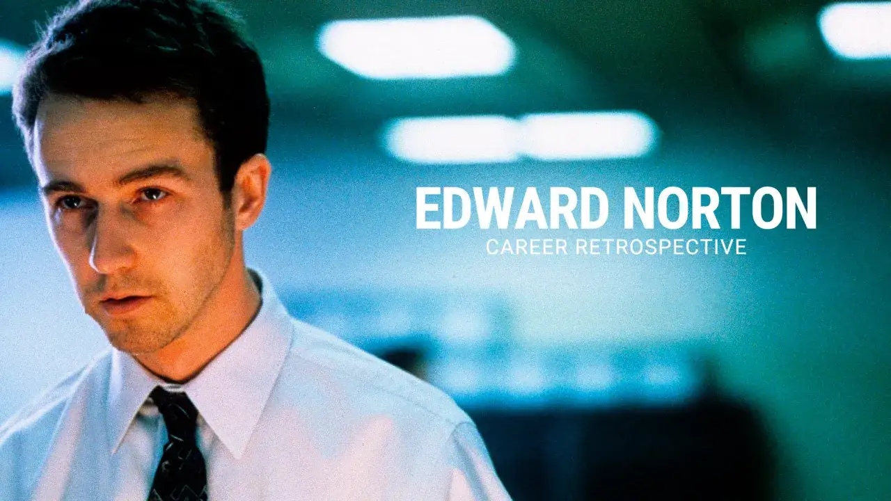 Edward Norton giovane in camicia bianca e cravatta, con testo 