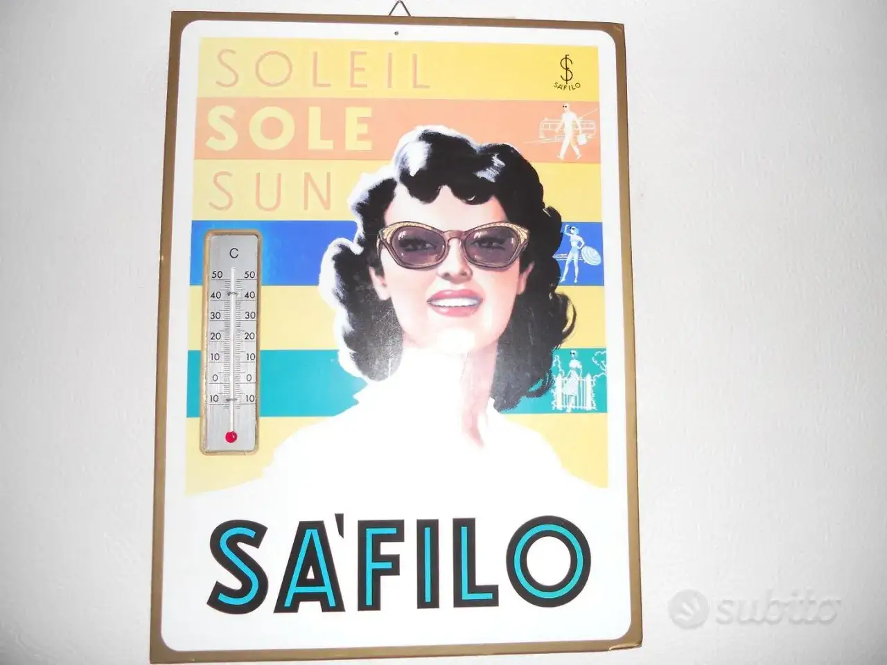 Un manifesto vintage Safilo con una donna in occhiali da sole e un termometro.