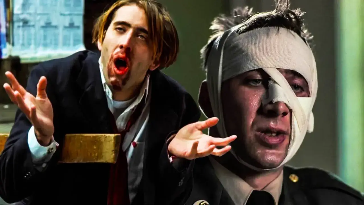Nicolas Cage oggi: un volto insanguinato e un altro bendato, espressioni intense che raccontano storie di sofferenza e resilienza.